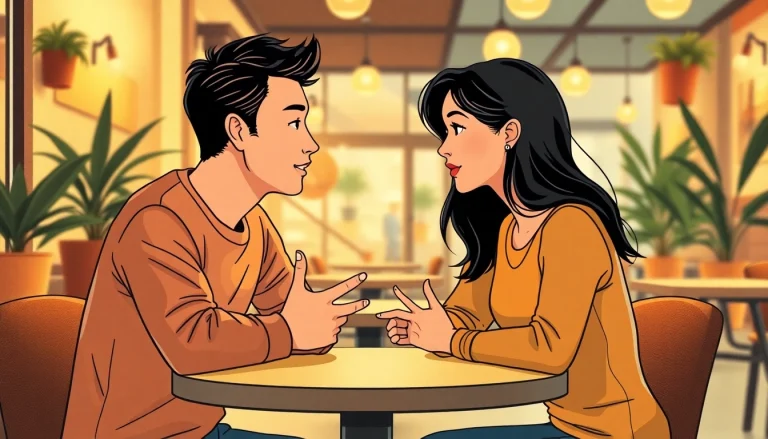 Two people practicing communication in relationships at a cozy café, focusing on body language.