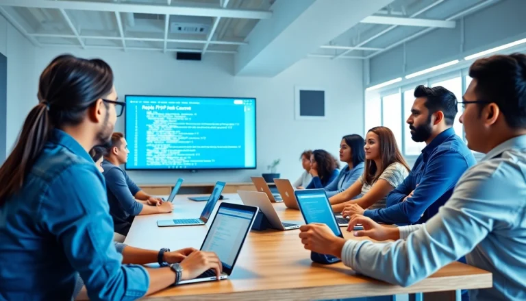 Enthusiastic learners participating in a PHP web development course in a modern classroom.